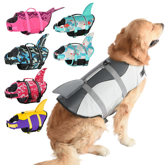 Size L Blue Scales Pattern Pet Life Jacket for Dogs - Summer Swimming Safety Vest with Shark Fin for Small to Large Breeds