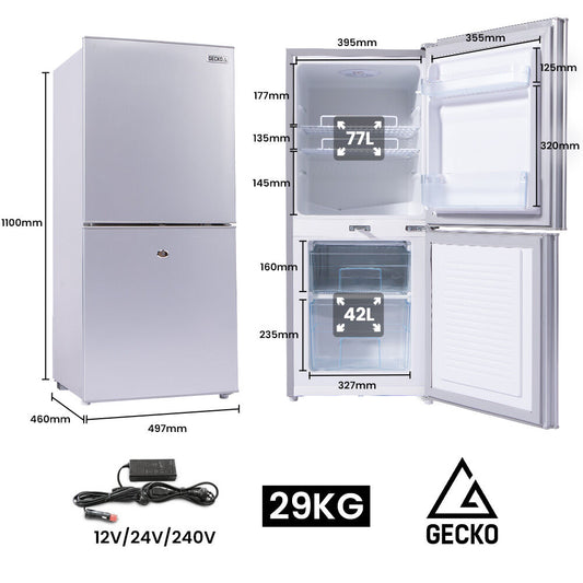 GECKO 119L Upright Portable Fridge / Freezer, 12V/24V/240V for Motorhome and Caravan, Silver