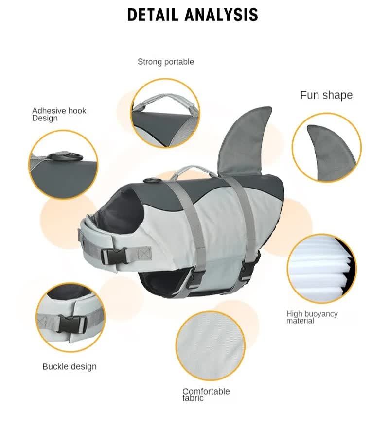 Size S Grey Pet Life Jacket for Dogs - Summer Swimming Safety Vest with Shark Fin for Small to Large Breeds